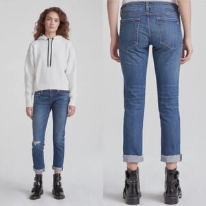 Rag & Bone Dre Slim Boyfriend Jean Java Blue w/Holes Raw Hem Distressed Denim 25